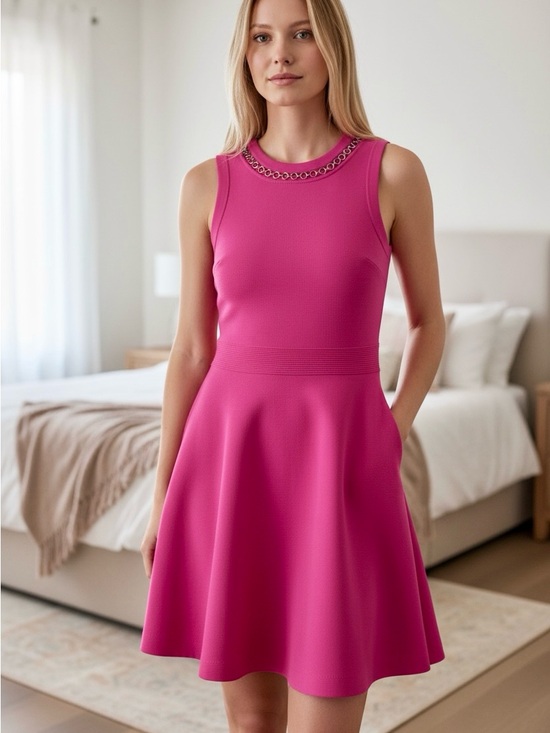 Michael Kors Dresses & Skirts - Michael Kors Hot Pink Sleeveless Fit-and-Flare Dress with Chain Neckline
